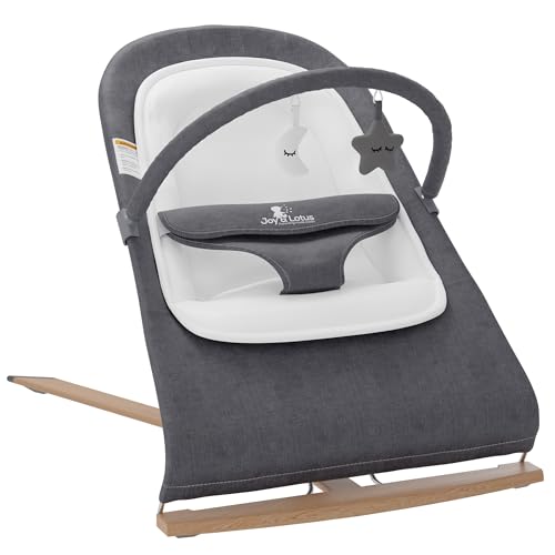 Baby Bouncer for Babies 0-6 Months (Aluminum) Bouncy Seat for Infants with Wood Accents – Newborn Bouncer – Portable Infant Bouncer with Removable Bar & Travel Bag