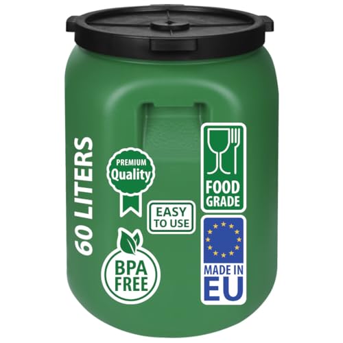 F & R Regentonne mit Deckel 60 Liter aus HDPE I Futtertonne Pferd I Wassertank Fass Tonne mit Deckel I Regenfass für Garten I Regenwassertonne I Wassertonne I Gärfass I Regenwassertank