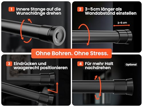 MEISENBERG Vorhangstange ohne Bohren - Schwarz - Gardinenstange zum Klemmen - Spannstange Ausziehbar - Klemmstange für Gardinen - 50-80cm, 1Stück