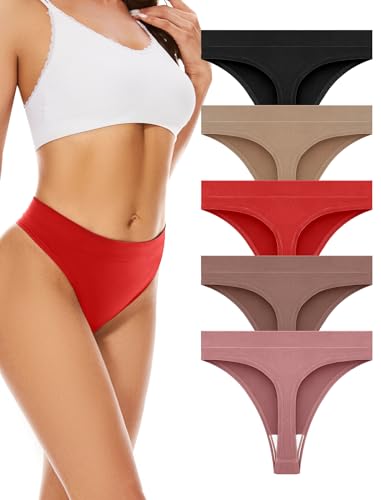 VOENXE Tanga Sin Costuras Mujer Pack,Cintura Alta Bragas BrasileñAs Invisible Slips,Microfibra Tangas De LenceríA,Bragas Sexy Para Mujer Deportivas,Seamless Women Underweear Thong Fitness,Paquete De 5