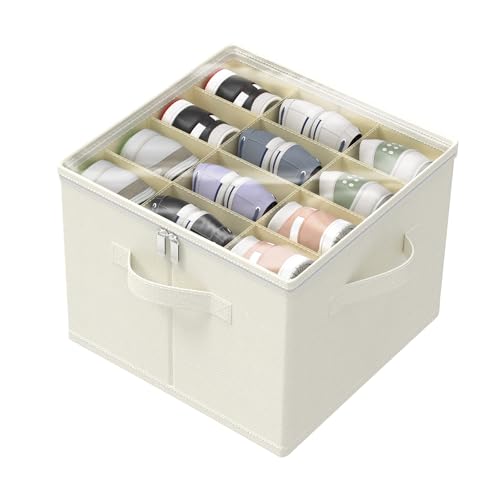GUOHNHE Organiseur de Chaussures, Empilable Grandes Boîte Rangement avec Couvercle Transparent et 3 Poignée, Shoes Organizer Jusqu'à 12 Paires, 43 x 43 x 33 cm, Beige, XSNX01BEM-1