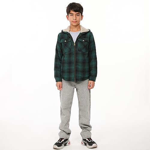 Image of ThCreasa Boys Plaid Flannel Jackets Sherpa Lined Zip Up Long Sleeve Warm Flannel Shirt with Hood