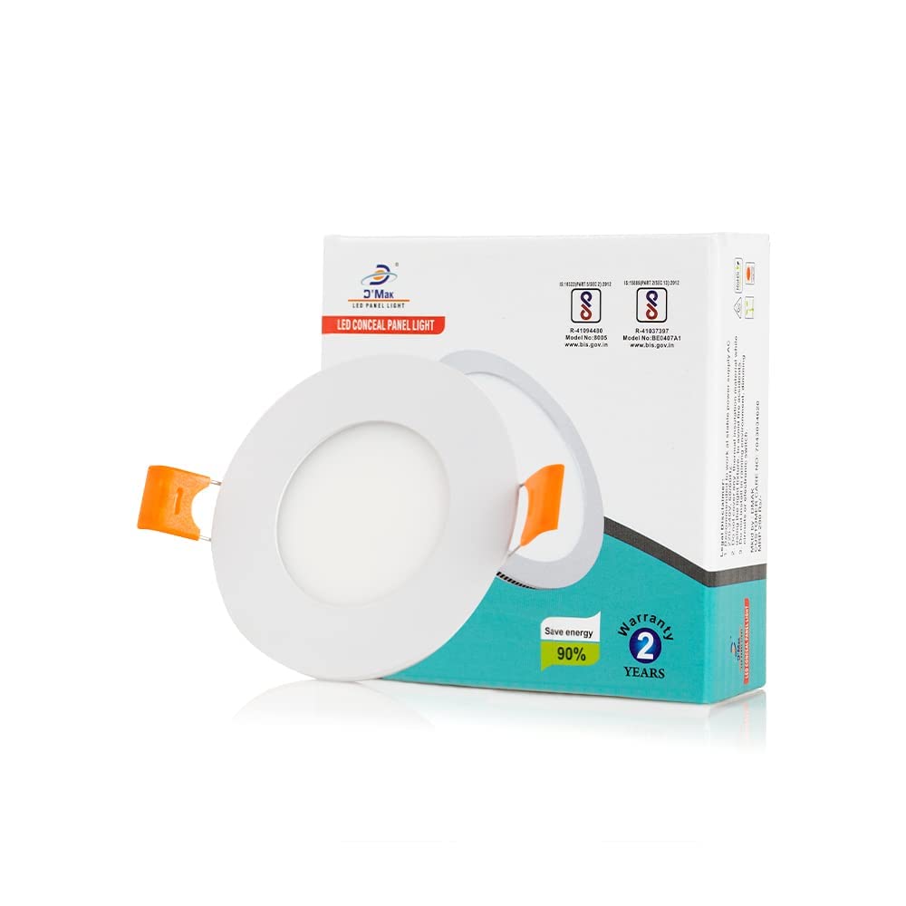 D'Mak 4 Watt Round LED Conceal Panel Light for POP & False Ceiling - Warm White (Pack of 2)