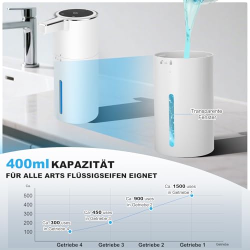 Seifenspender Automatisch Elektrischer 4-Stufen Verstellbar Wandmontage Sensor mit Sensor 400ml No Touch Seifenspender FüR Bad,KüChe,Büro Weiß 5