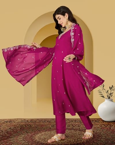 Image of Amazon Brand - Tavasya Women Vichitra Zari Sequence Embroide Kurta with Pant and Dupatta|Salwar Suit|Kurta Set|3 Piece Set