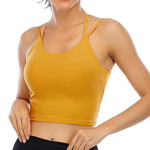 Vorcy Womens Padded Sports Bra Fitness Workout Running Camisole Crop Top with Built in Bra Yellow - Image 3