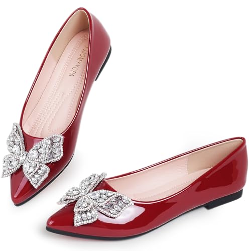 Leather Ballet Flats for Women Bling Rhinestone Dress Shoes Red 8