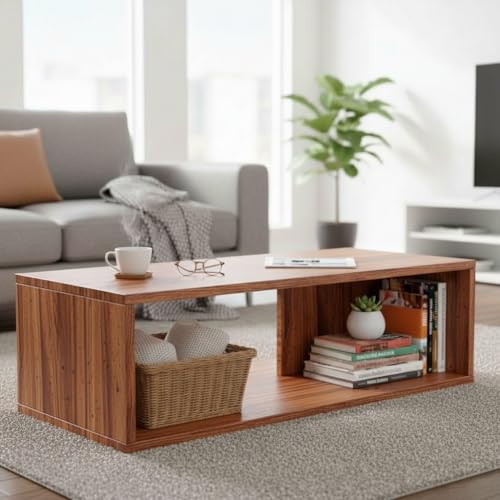 Image of FURLAY Aura Engineered Wood Coffee Table, Minimalist Matte Woodland Coffee Table - 80cm Center Table with Asymmetrical Open Storage & Sleek Geometric Design for Living Room or Office (FWTC5-Woodland)
