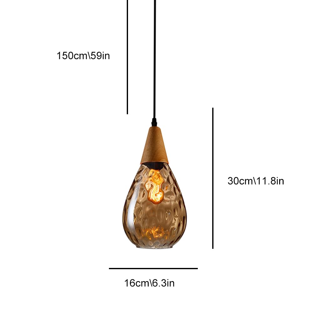 Genérico Lámpara Colgante en Forma de lágrima con Cristal Martillado, Detalles en Madera, Casquillo E27, Color ámbar.