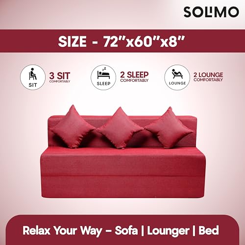 Image of Amazon Brand - Solimo 3 Seater 5 * 6 Jute Fabric Washable Cover Sofa Cum Bed with 3 Cushions 3 Seater Double Foam Fold Out Sofa Cum Bed (Finish Color - Maroon Delivery Condition - Pre-Assembled)