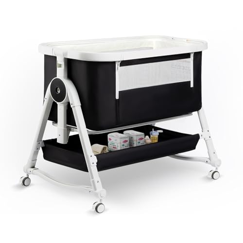 Image of suihuooo 4 in 1 Baby Bassinet, Adjustable 7 Heights Bedside Sleeper, Bassinet Bedside Sleeper with Wheels and Storage Basket, Changing Station, Breathable Mesh Rocking Bassinet for Baby/Newborn, Crib