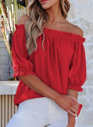 EVALESS Womens Tops Off The Shoulder Blouses for Women Dressy Casual Cute Puff Sleeve T Shirts Fashion 20253