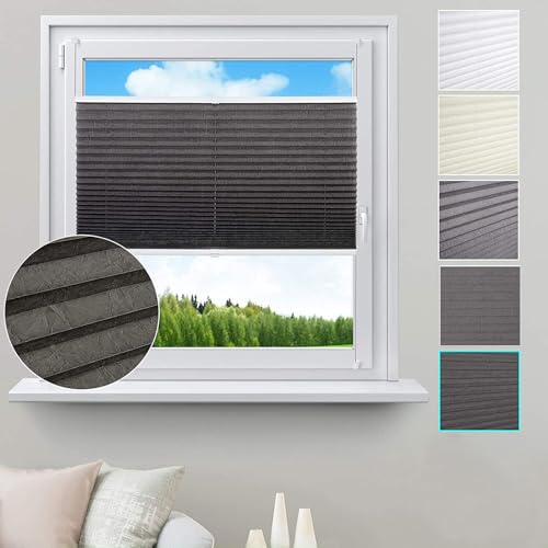 WOLTU Plissee ohne Bohren Klemmfix Faltrollo Jalousie Anthrazit 90x130cm (BxH), Plisseerollo Crushed Optik Sichtschutz und Sonnenschutz Easyfix lichtdurchlässig Rollo für Fenster & Tür