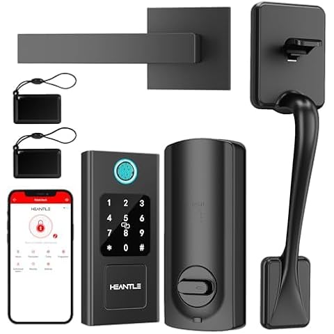 Smart Front Door Lock Set: HEANTLE Keyless Entry Door Lock Deadbolt with Handle Set, Fingerprint Smart Deadbolt Bluetooth Electronic Digital Keypad Lock,Auto Lock Work with Alexa,Black Cover