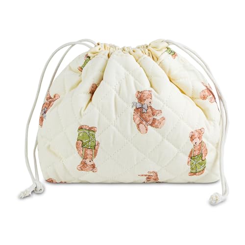 Quilted Makeup Bag for Women, Coquette Aesthetic Cosmetic Bag, Cute Travel Toiletry Bag, Cotton Drawstring Pouch for Women and Girls