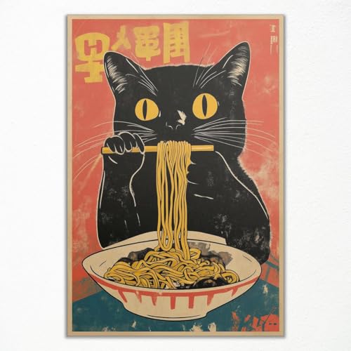 Vintage Japanische Katze Leinwand Wandkunst Schrulliges schwarzes Katzen essendes Ramen Poster Retro Lustiges Tier Essen Kunstdruck Einzigartige Küche Esszimmer Wanddekoration 30x40cm ungerahmt