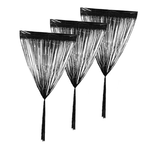 ERINGOGO 1m x 2m Black Foil Tassel Curtains 3pcs Party Fringe Garland Photo Background