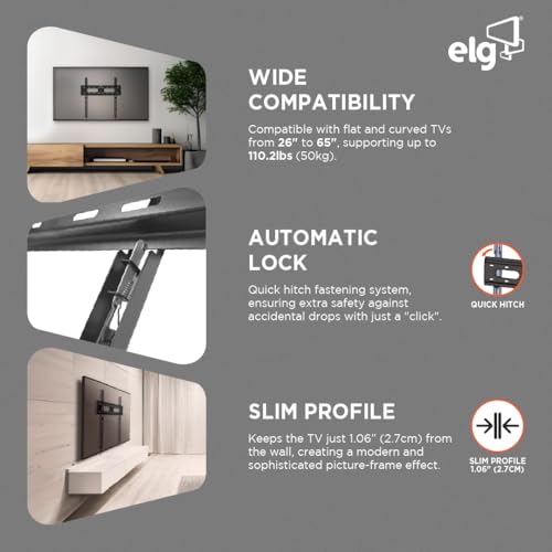 Image of ELG TV Wall Mount 32 to 77 Inches| Heavy Duty Flat LED /HD /Smart Screens /Curved Wall Stand |VESA 100x100 to 400x400, Auto-Lock+Bubble|Universal FIX400.
