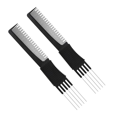 2pcs Black Carbon Lift Teasing Combs, Teasing Combs with Metal Prong Double-Head Hair Pick Comb Fork Comb Tool for Women Hair Styling Salon for Thick Thin Fine Hair Fluffing and Styling Hair
