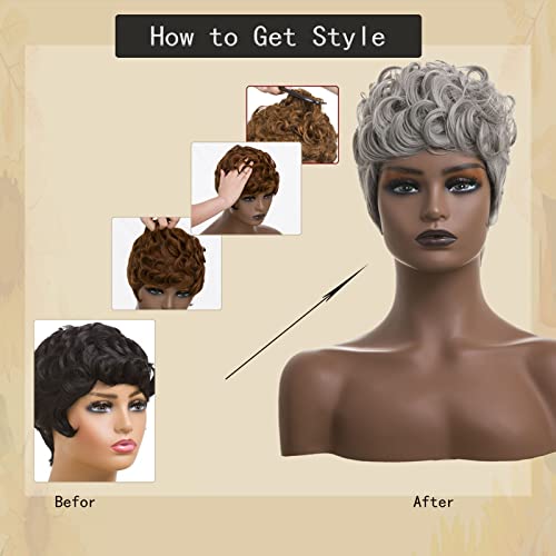 Short Wig For Black Women Grey Color Hair Short Pixie Wig For Women Short Curly Cuts Pixie Wigs With Bangs Replacement Layered Wig For Women Synthetic Short Hair Wigs Pixie Cut Wigs For Black Women Short Wigs (Grey) #TOP2