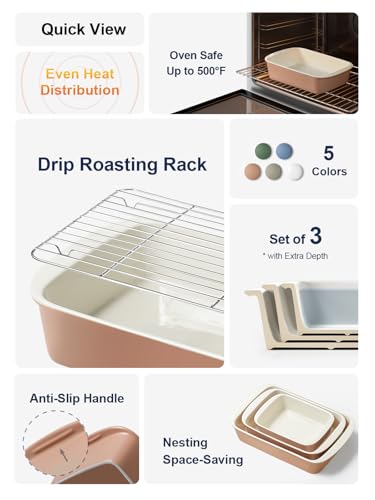 Image of LE TAUCI Deep Casserole Dishes for Oven, 13.7 inchx9.6 inch Ceramic Baking Dish Set with Roasting Racks, Large Lasagna Pans with Handles, Rectangular Bakeware as Gift for Mom, Dusty Pink(4.6QT /3.0QT /1.6QT), Set of 3