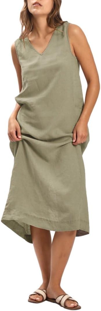 Amazhiyu Women's 100% Linen Plant-Dyed Sleeveless V-Neck Midi Dress with Slit