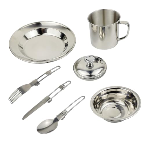 Juego de Utensilios de Cocina de Acero Inoxidable para 1-2 personas, Vajilla de Camping Portátil con Utensilios de Cocina, Kit Ligero para Picnic al Aire Libre para Senderismo y Viajes