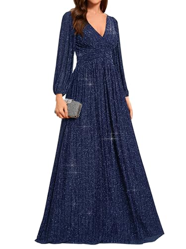 Ever-Pretty Kleid Elegant Damen Festlich Lang Langarm Ballkleid Maxi Hell Abendkleider Elegant für Hochzeit A Line Navy Blau 42