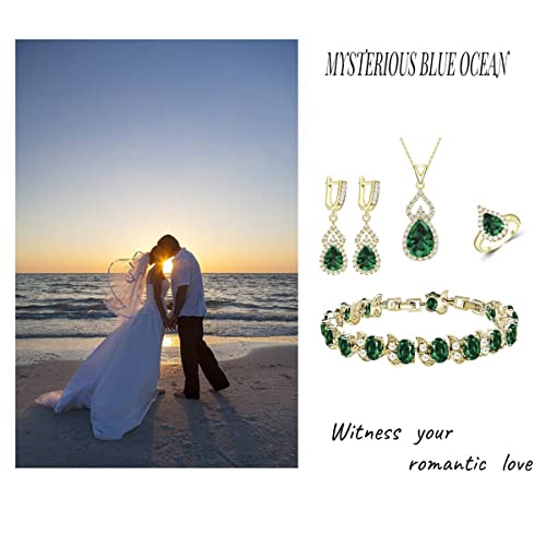 Lmxxvj Created Green Emerald Jewelry Set Yellow Gold Plated Earring Open Ring Necklace Bracelet Set Prom Mother’s Day Jewelry Gifts For Mom/Wife/Sister/Best Friend #TOP2