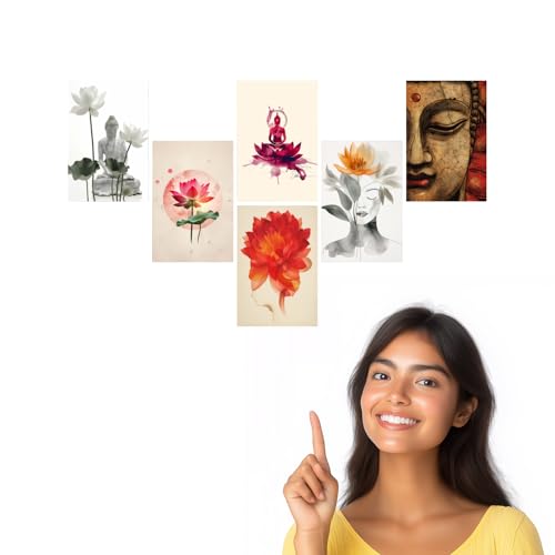 Image of SiddArtify Serene Buddha - Lotus Flower Art Print Set - Set of 2-4x6 Inch - Board (Pack of 6) - Sticker (Pack of 6) Wall Room Decoration art Poster Prints