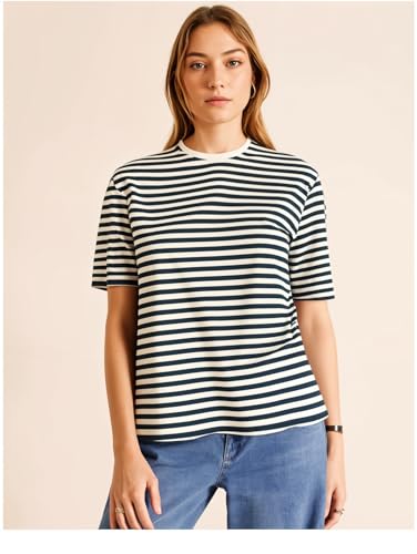 Image of Mack Jonney Oversized | Loose Fit | Half Sleeves 100% Cotton Round Neck Striped T-Shirt for WOMEN-MACK640558