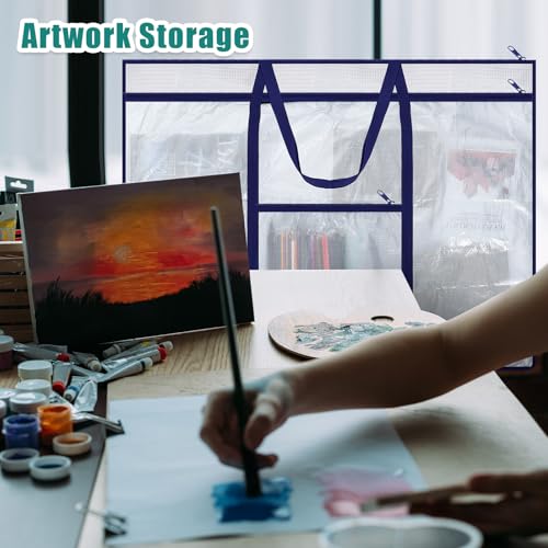 Image of Huhumy Large Art Portfolio Case 48 inch x 36 inch Poster Storage Bag Bulletin Board Holder Container PVC Folder with Zipper Handles Pocket for Teachers Artist Artwork Organization(Dark Blue,Grid)