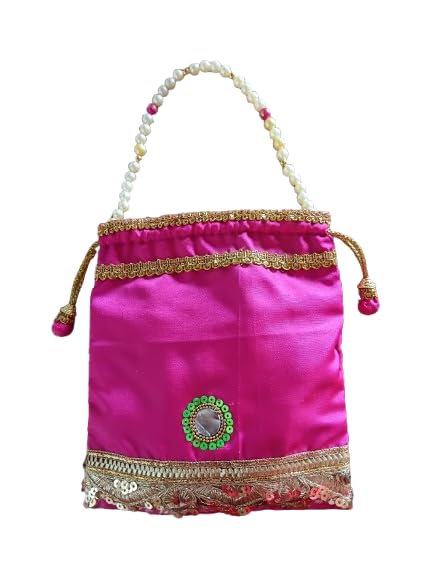 Veena creations Pink Potli Bag with Pearl Handle, Sequin Embroidery, Drawstring Closure, Ethnic Bridal Clutch-picture-22
