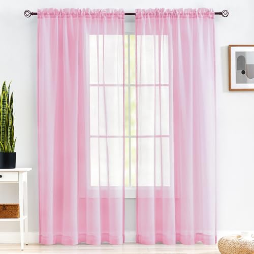 Image of MYSTIC-HOME Sheer Curtains Pink 95 Inches Long, Window Treatments Rod Pocket Drapes for Living Room, Bedroom, Semi Crinkle Voile Curtain Panels for Yard, Patio, Villa, Parlor, Set of 2, 52 inchx95 inch