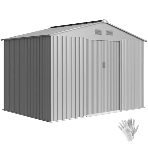 Outsunny Caseta de Jardín Exterior 4,9 m², 277x195x192 cm, Cobertizo de Jardín Exterior Metálico con Puerta Corredera, Ventilación y Kit de Fundación, para Almacenamiento de Herramientas, Gris