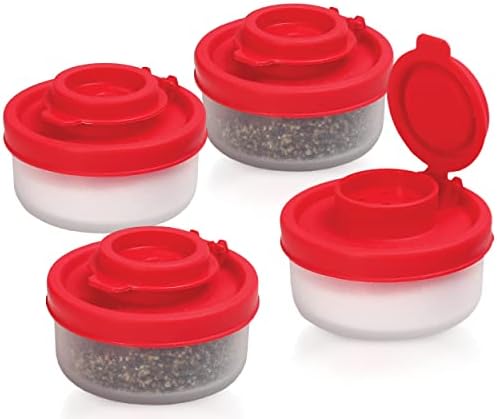 Salt and Pepper Shakers Moisture Proof Set of 4 Small Mini Salt Shaker to go Camping Picnic Outdoors Kitchen Lunch Boxes Travel Spice Set Clear with Red Covers Plastic Airtight Spice Jar Dispenser