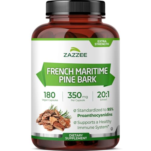 Zazzee Extra Strength French Maritime Pine Bark Extract 20:1 350 mg Per Capsule 95% Proanthocyanidins 180 Vegan Capsules 6 Month Supply Certified Kosher Antioxidant Support Non-GMO Made in USA