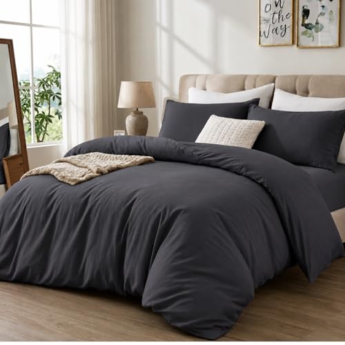 Image of Luxe Dreams 100% Cotton Double Duvet Cover Set with 2 Pillowcases, Luxury Soft Bedding Duvet Covers Dark Grey, Premium Cotton Quilt Cover 200x220 cm