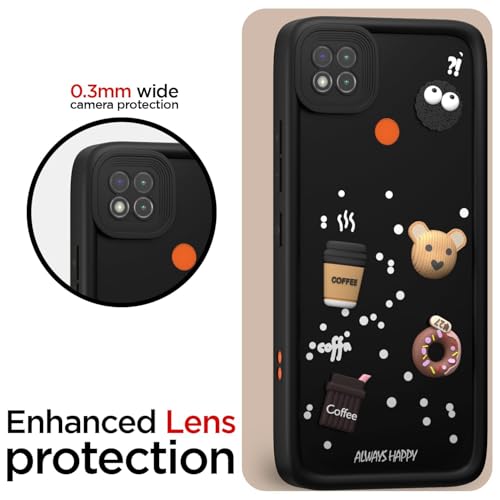 Image of Bintage Cute Fun Taddy Cartoon 3D Ball Milk Donut Coffee Cup Silicon Case Full Body & Camera Protection Back Cover Compatible for MI Redmi 9 Activ - Black