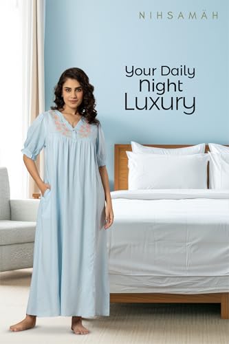 Image of NIHSAMAH Viscose Nighty for Women, Embroidered & Printed Stylish Night Gown, Long Sleeve Comfortable Sleepwear Long Nightwear, Maxi
