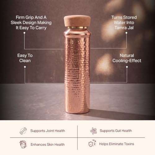 Image of P-TAL Premium Handcrafted Copper Water Bottle (1L) | Cork Cap & Smooth Silent Lid | Ayurvedic Tamra Jal Bottle