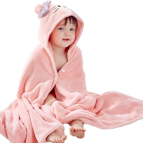Image of IFaryMes Toddler Bath Towel Baby Towels with Hood 27.5"X55" Ultra Absorbent Soft Bathrobe Blanket Kids Shower Towel for Girls and Boys(Pink Cat)