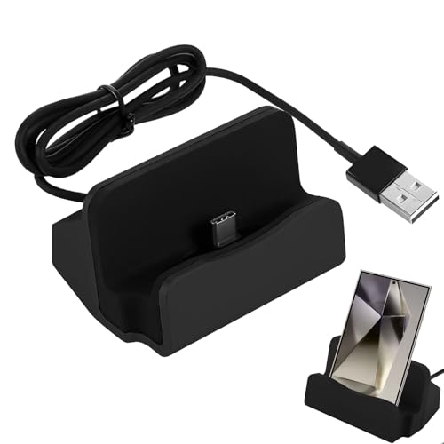 Estación de carga negra tipo C con cable USB-C para smartphones Android, carga rápida y transferencia de datos.
