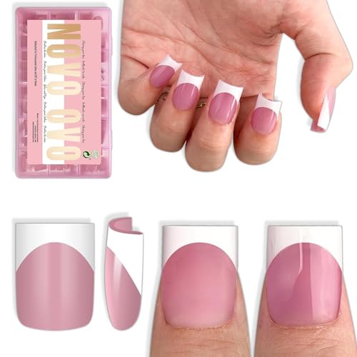 NOVO OVO Short Sharp Square White French Tip Nail Tips Press on B...