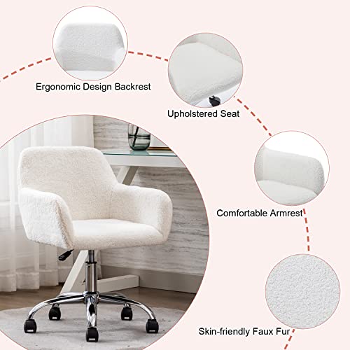 Mcltopz Faux Fur Home Office Chair, Modern Fluffy Fuzzy Office Chair, 360° Swivel Height Adjustable Desk Chair W/Silver Metal Leg, Comfy Vanity Makeup Chair Computer Task Chair For Home Office (White) #TOP4
