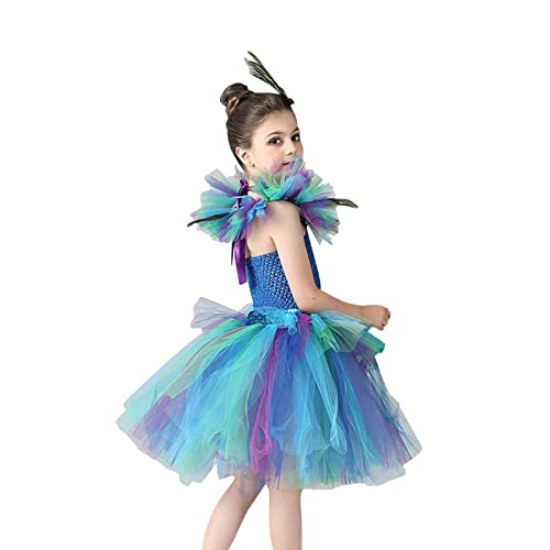 Girls 𝗣eacock Feather Tutu Mesh Dress Kids Princess Model Catwalk Performance Tail Dress Up Party Carnival 𝐂ostume2