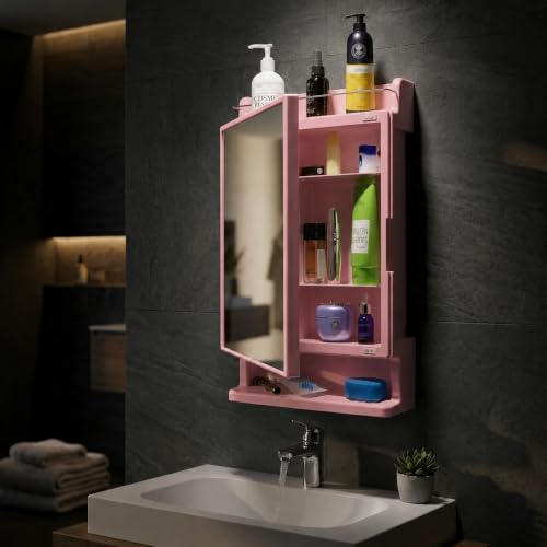 Image of CIPLA PLAST Rich Look Plastic Wall-Mounted Bathroom Mirror Cabinet with Storage Shelves, Single Door, Bathroom Mirror Cabinet with Towel Holder | (Pink)