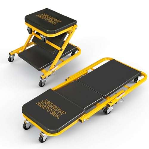 YELLOW JACKET Garage Creeper Seat, 2-in-1 Creepers Automotive, Mechanic Creeper, Foldable Z Garage Creeper with 6 PCS Wheels, Rolling Creeper Garage Seat Lay Down or Sit for Shop, Auto Repair
