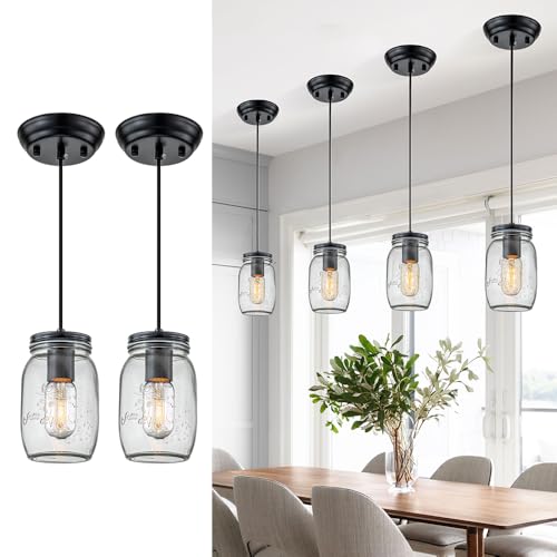 LMSOD Kitchen Island Light, 1 Lights Adjustable Pendant Lighting, Glass Mason Jar Hanging Lamp(2 Pack)