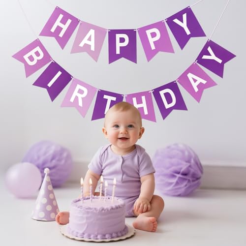 Image of Happy Birthday Banner Party Banner NO DIY Birthday Sign Purple and White